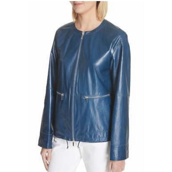BLUE Lambskin Soft Leather Jacket Lafayette 148 New York NWT